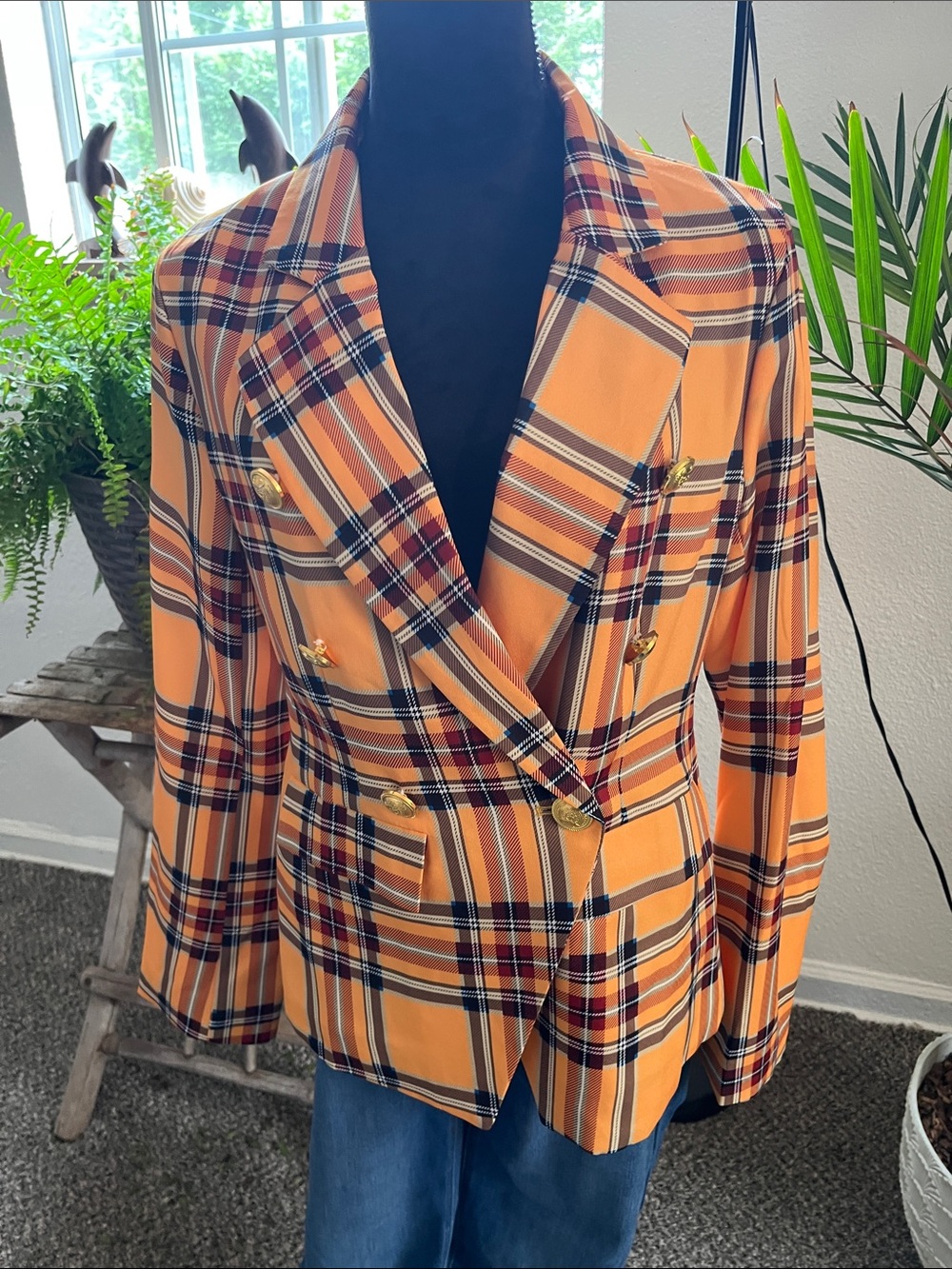 Plaid Double-Breasted Orange Jacket